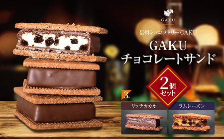 【信州ショコラトリーGAKU】GAKUチョコレートサンド２個セット（リッチカカオ・ラムレーズン各１個入り）