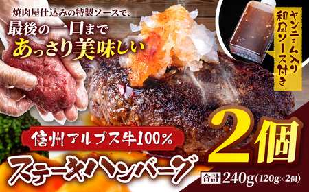 肉の旨み際立つ！信州アルプス牛100％　ステーキハンバーグ　2個入り 合計240g(120g×2個　ヤンニョム入り和風ソース付き)