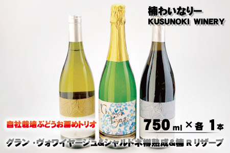 自社栽培ぶどうお薦めトリオ -グラン・ヴォワイヤージュ&シャルドネ樽熟成&楠Rリザーブ 750ml×各1本-《楠わいなりー》
