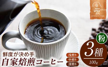 鮮度が決め手 自家焙煎 コーヒー 粉 100g×3種　（産地はお任せ　浅煎り・中煎り・深煎りの3種類）【013-24】