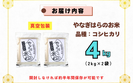 米 【4kg】 令和7年産 コシヒカリ <真空包装> 長野県産【やなぎはらの米】7-67