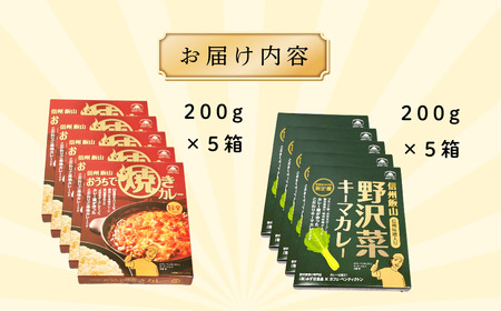 あると便利なレトルトカレー★「おうちで焼きカレー」・「信州味噌入り野沢菜キーマカレー」各5箱合計10箱セット（Ai-002）長野県 飯山市 おすすめ ランキング おいしい 高評価 大人気 ギフト 焼きカレー キーマカレー