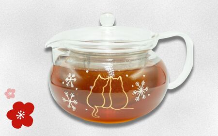 蒔絵で描いた 寄り添う猫 ガラス ティーポット  450ml （耐熱ガラス）　(Ba-038)