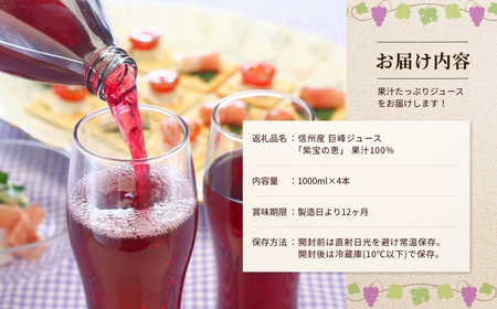 信州産 ぶどうジュース「紫宝の恵」 ストレート果汁100％ (1L×4本)|ぶどうジュース