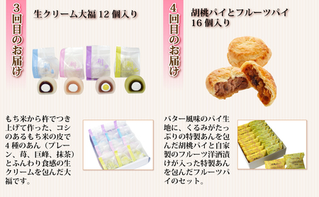 【御菓子処花岡】スイーツ頒布会 6回 （くるみ菓子詰め合わせ、くるみの初恋、生クリーム大福、胡桃パイとフルーツパイ、リスの森（くるみキャラメル）、胡桃の醍醐味（チーズケーキ）と檸檬ケーキの詰め合わせ