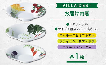 【ヴィラデストワイナリー】ベジタブルシリーズ食器　パスタボウル３枚（ズッキーニ＆ミニトマトとラディッシュ＆エンドウとナス＆ハラペーニョ）セット