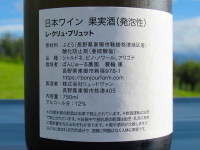 【数量限定】東御市産スパークリングワイン 1本（ぼんじゅーる農園産）| 国産 長野県 お酒