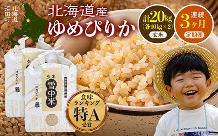 【数量限定】【令和8年6月発送開始定期便】令和7年度産 春摺り 雪中米 ゆめぴりか 玄米 20kg (10kg×2袋) × 3回 計60kg 3か月連続定期便 定期便 定期 米 nr-1402