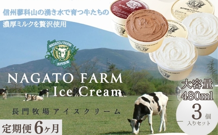 【定期便】6ヵ月連続でお届け！長門牧場アイスクリーム 480ml 3個セット バニラ チョコレート アイス ギフト スイーツ デザート 人気 おすすめ 高評価 お土産 ご当地 ひんやりスイーツ