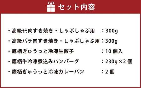 鷹栖牛 バラエティ セット しゃぶしゃぶ すき焼き モモ肉 300g バラ肉 300g 冷凍生餃子 10個 冷凍煮込みハンバーグ 230g×2個 冷凍カレーパン 2個 北海道 鷹栖町 新田ファーム 牛肉 すき焼き