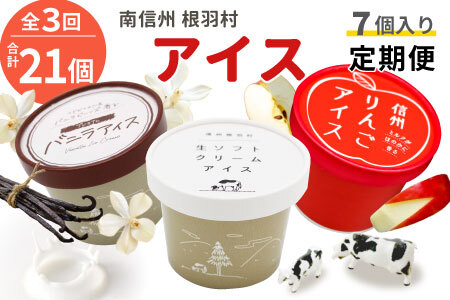 全3回〈翌月から発送開始〉NEWフレーバーが入った!3種類のアイス定期便☆ 南信州根羽村産アイス が毎月7個届く! 合計21個 アイス アイスクリーム ソフトクリーム バニラアイス りんご 果物 ジャム 長野県 根羽村 ソフトクリーム スイーツ