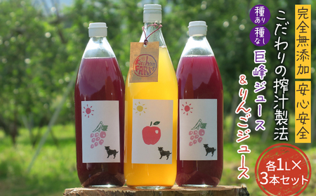【完全無添加】【安心安全】【こだわりの搾汁製法】種あり巨峰／種なし巨峰／りんごのジュース 3本セット【栽培期間中 除草剤・ネオニコチノイド系農薬・化学肥料不使用】 果実飲料 フルーツジュース 飲み物 飲み比べ