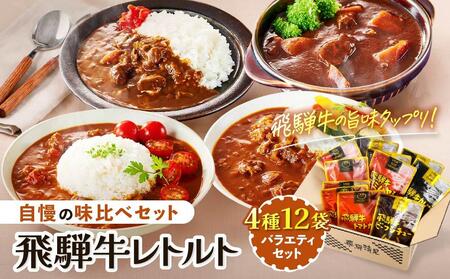 訳あり 飛騨牛レトルト４種１２袋！ バラエティセット 飛騨牛 肉 牛 カレー ビーフカレー トマトカレー ビーフシチュー デミハヤシ レトルト 12袋 簡易包装 レトルトカレー ご当地カレー おいしい 便利 飛騨高山 ふるさと清見21 DC002