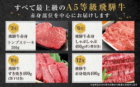 A5等級飛騨牛 定期便 4回（ステーキ／しゃぶしゃぶ／すき焼き／焼肉）【3月・6月・9月・12月発送】|  飛騨牛 定期便 HF109