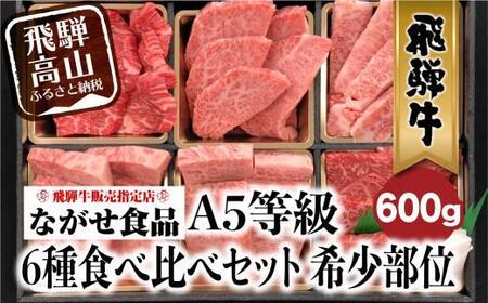 【6月発送】飛騨牛 焼肉 6種食べ比べ セット 600g(100g×6） 希少部位 A5 5等級   盛り合わせ 黒毛和牛 和牛 個包装 飛騨高山 ながせ食品 FH017VC06