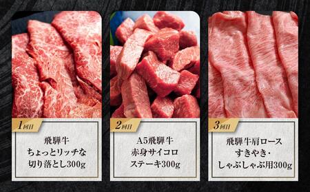飛騨牛 定期便 全3回 900g ( 300g × 3ヶ月 ) 牛肉 ( 切り落とし / サイコロステーキ / 肩ロース薄切り ) | 肉 食べ比べ  岐阜 高山市 飛騨高山 岐阜県 人気 お楽しみ おすすめ ZZ014