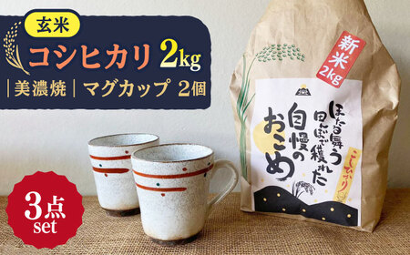 【令和7年産】 玄米 コシヒカリ 特別栽培米 （2kg） + 【美濃焼】 赤絵かいらぎ マグカップ （2個） 多治見市 / 山松加藤松治郎商店 [TEU002]