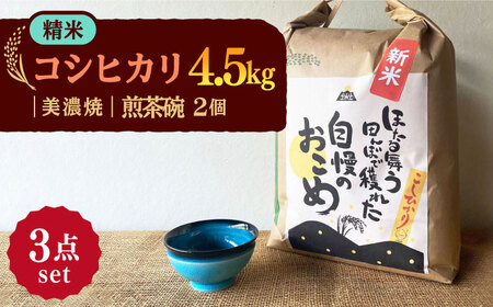 【令和7年産】 精米 コシヒカリ 特別栽培米 （4.5kg） + 【美濃焼】 青輝貫入 煎茶碗 （2個） 多治見市 / 山松加藤松治郎商店 [TEU019]