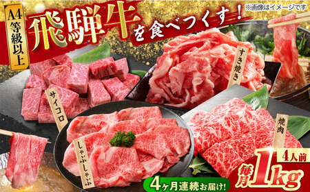 【4回定期便】 飛騨牛 プレミアム 定期便 4人前 ( しゃぶしゃぶ × すき焼き × サイコロステーキ × 焼肉 ) 各1kg[TAZ048]しゃぶしゃぶ