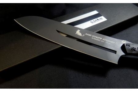 H75-10 SABINYAIFE KITCHEN3【ブラックブレード】三徳包丁 ネコver