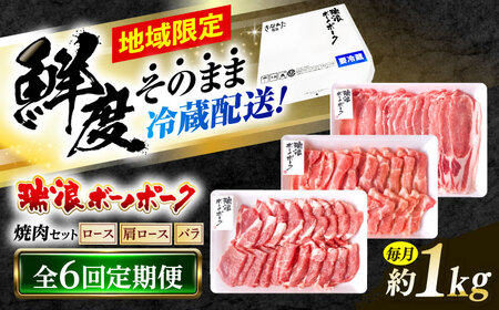 【6回定期便】 ※冷蔵配送/地域限定※ 岐阜県産 豚 瑞浪ボーノポーク 焼肉 1kg 食べ比べセット (ロース・肩ロース・バラ) 瑞浪市 / きなぁた瑞浪[AZCI057]