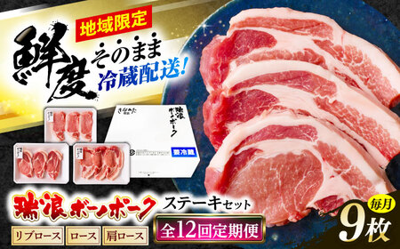 【12回定期便】 ※冷蔵配送/地域限定※ 岐阜県産 豚 瑞浪ボーノポーク ステーキ 1kg 食べ比べセット (リブロース・ロース・肩ロース) 瑞浪市 / きなぁた瑞浪[AZCI061]