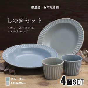 美濃焼/みずなみ焼】しのぎカレー皿＆カップ各2個 (ブルーグレー