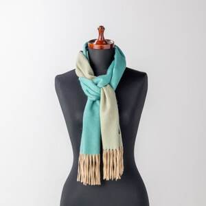 リバーシブル風 カシミヤ100% マフラー (ピーコックブルー×ベージュ)_装飾品・工芸品 マフラー・手袋 服飾小物 _【1491457】