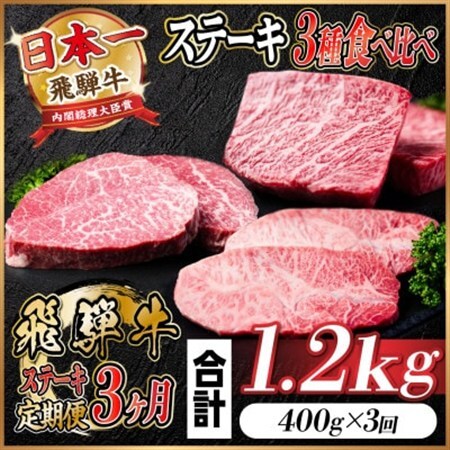 【毎月定期便】飛騨牛 ステーキ定期便 計約1.2kg【冷蔵便】全3回　A4～A5等級_肉 ステーキ 牛肉 ビーフステーキ  定期便 定期便  _【配送不可地域：離島】【4055330】