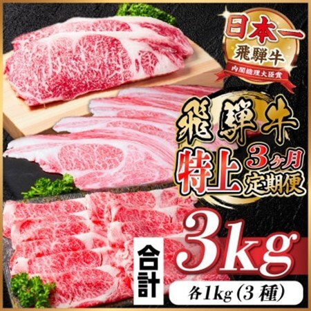 【毎月定期便】飛騨牛 特上定期便 計3kg全3回　小分け_肉 すき焼き 牛肉 すきやき スキヤキ  肉 しゃぶしゃぶ 牛肉 牛しゃぶ  肉 焼肉 牛肉 やきにく ヤキニク バーベキュー  肉 飛騨牛 牛肉 うし ビーフ  定期便 定期便  _【配送不可地域：離島】【4057132】
