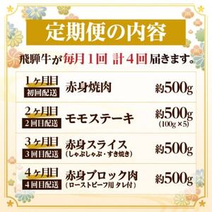 【毎月定期便】飛騨牛 赤身定期便 計2kg 焼肉 BBQ すき焼き しゃぶしゃぶ ブロック全4回【配送不可地域:離島】【4072758】