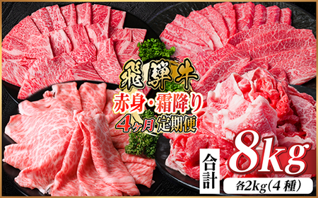 【毎月定期便】飛騨牛　赤身・霜降り定期便　計8kg  カルビ・赤身・ロース(焼肉・BBQ用)全4回【配送不可地域：離島】【4075145】