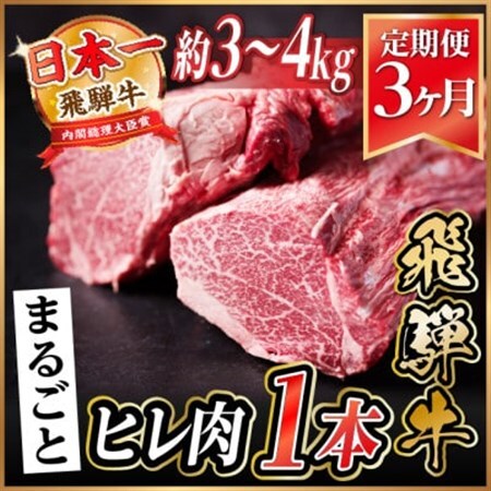 【毎月定期便】飛騨牛 ヒレ1本(約3～4kg)【シャトーブリアン＆ヒレ】冷蔵便 ステーキ全3回【配送不可地域：離島】【4084143】
