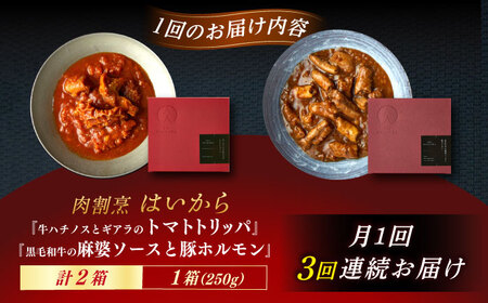 【3回定期便】『牛ハチノスとギアラのトマトトリッパ』『黒毛和牛の麻婆ソースと豚ホルモン』[AUFI050]レトルトレトルトレトルトレトルトレトルト