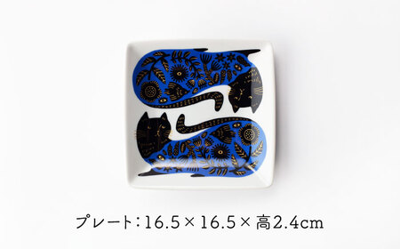 【美濃焼】Orie～黒猫と花模様～ モーニングセット プレート・マグカップ【ヤマ吾陶器】四角皿 マグ 猫[MCE022]