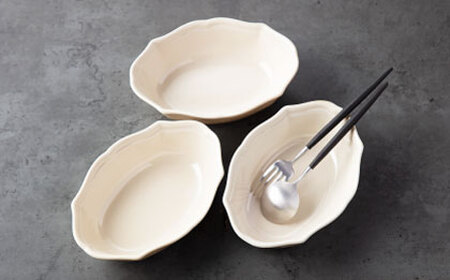 【美濃焼】fiorire-フィオリーレ-オーバルボウル3点セット（ivory）【Felice-フェリーチェ-藤田陶器】 皿 楕円皿 食器 [MBX119]