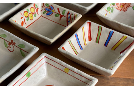 カニと魚の手描き陶器皿6枚セット