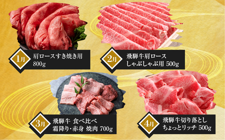 まるごと定期便　飛騨牛堪能 12回 定期便 和牛 国産牛 黒毛和牛 12ヶ月 1年 年間 毎月 すき焼き すきやき しゃぶしゃぶ ステーキ 切落し 切り落とし 焼肉 やきにく 赤身 霜降り 食べ比べ [Q2206]