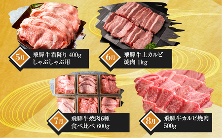 まるごと定期便　飛騨牛堪能 12回 定期便 和牛 国産牛 黒毛和牛 12ヶ月 1年 年間 毎月 すき焼き すきやき しゃぶしゃぶ ステーキ 切落し 切り落とし 焼肉 やきにく 赤身 霜降り 食べ比べ [Q2206]