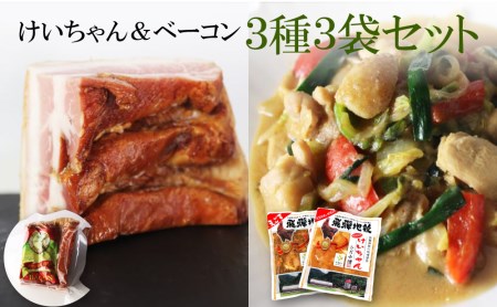 飛騨神岡名物 肉3種セット 鶏ちゃん２種＆ベーコン 3種3袋 けいちゃん 地鶏 えごま 味噌 山之村牧場 セット 神岡 飛騨[Q051]