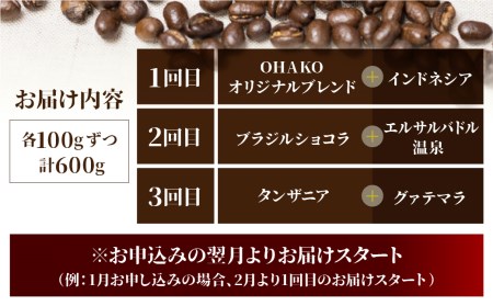 【定期便】珈琲豆 おまかせ 全6種類ピーベリーを楽しめる 毎月2種100gずつ×3回 コーヒー豆[Q2814]
