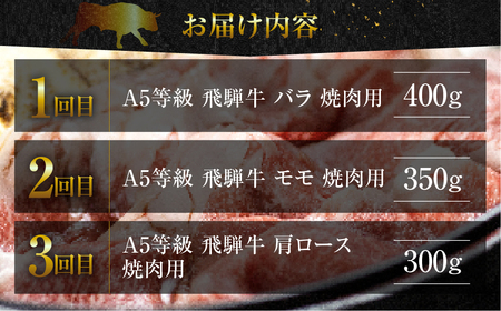 A5 飛騨牛焼肉3回定期便 トキノ屋食品 牛肉 肉 和牛 定期便 3ヶ月 3回 焼肉 バラ モモ 飛騨牛 毎月