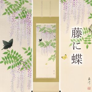 掛け軸「藤に蝶」 富岡蘇峰 尺五立 サイズ：54.5×190cm 桐箱付 掛け軸 表装 床の間