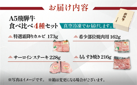飛騨牛 A5 食べ比べ4種セット 食べ比べ（特選霜降りカルビ 173g・サーロインステーキ 228g・希少部位焼肉用 162g・ももすき焼き 216g）【冷凍 真空】【11-83】