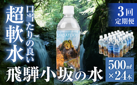 【定期便 3回】飛騨小坂の水(ナチュラルミネラルウォーター)500ml×24本(1箱24本入り)× 3カ月 超軟水 軟水 水 保存水 下呂市 小坂 飛騨【110-A】