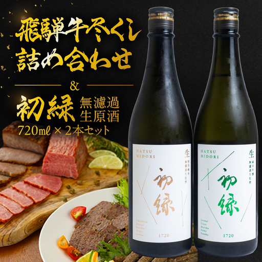 【飛騨 味職人】飛騨牛尽くし詰め合わせと【初緑】 無濾過生原酒2種セット(720ml×各1本) お酒 日本酒 純米吟醸 奥飛騨酒造 おさだ食品 ローストビーフ ハム おつまみ 晩酌 ギフト 下呂温泉【54-22】