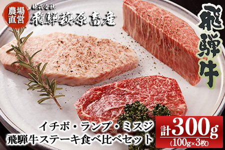 希少部位3種を食べ比べ！飛騨牛 ステーキ食べ比べセット （イチボ 100g×1枚・ランプ 100g×１枚・ミスジ 100g×１枚）【22-22】