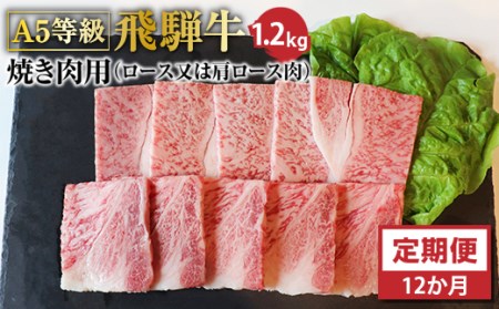 【12ヶ月定期便】Ａ5等級飛騨牛焼き肉用1.2ｋｇ　ロース又は肩ロース肉