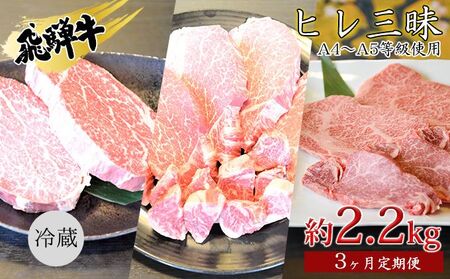 飛騨牛　ヒレ三昧　計2.2kg A4～A5等級使用（3ヶ月定期便） お肉 牛肉 国産 ブランド和牛 希少部位 最高級部位 シャトーブリアン 霜降り ロース 真空パック 冷蔵 ヒレステーキ サイコロステーキ 焼肉用