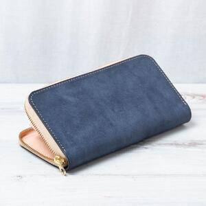 イタリアンレザーの長財布　【ネイビー】【本革　高級牛革　タンニンなめし　フルレザー仕様】